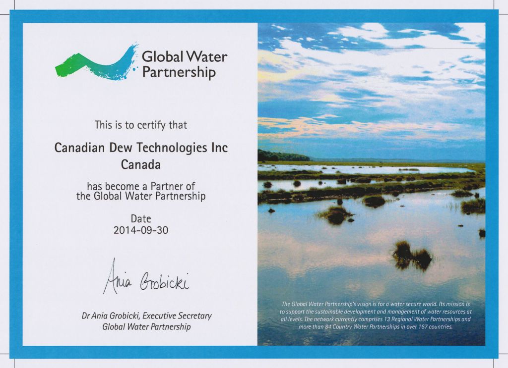 Picture: This is to certify that Canadian Dew Technologies Inc. has become a member of the Global Water Partnership