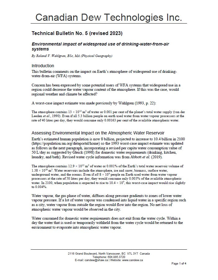 Picture of first page of Technical Bulletin No. 5 Environmental impact of widespread use of drinking-water-from-air systems