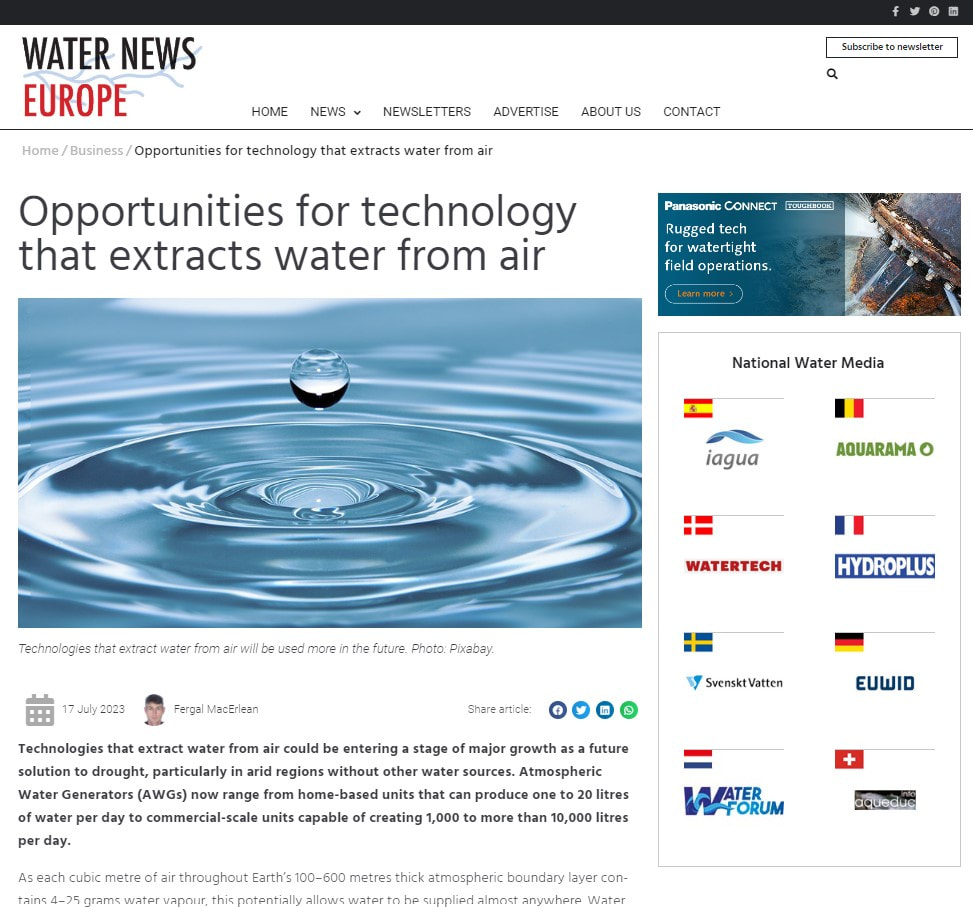 Picture of Water News Europe landing page to article titled Opportunities for technology that extracts water from air.
